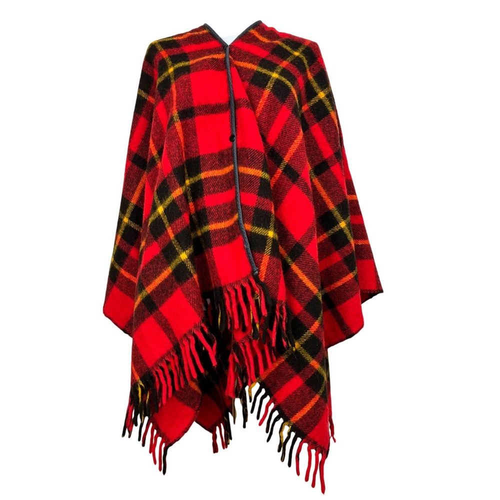 Vtg 70s Poncho OS Plaid Oversized Tartan Wool Boho Festival Old Money Fringe